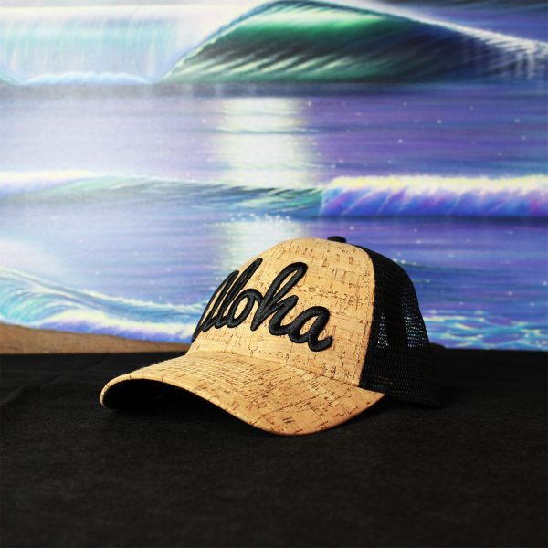 “Aloha” Embroidered Black Mesh w/ Cork Trucker hat