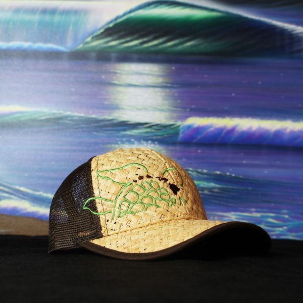 Green Honu on Beige Straw Trucker Hat
