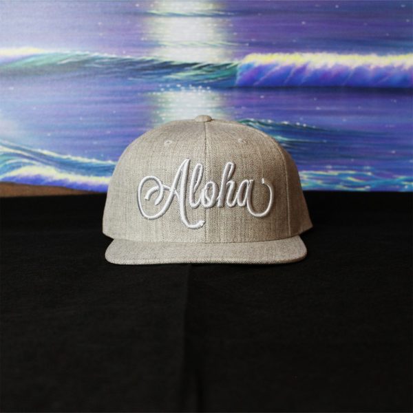 Silver “Aloha” embroidered on light Gray snap-back