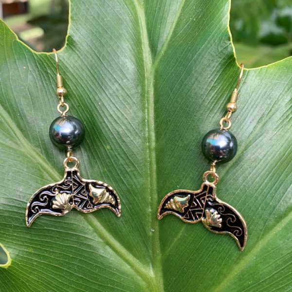 Whale Tail Earrings, Hamilton Gold with Blue Shell Pearl with gift bag