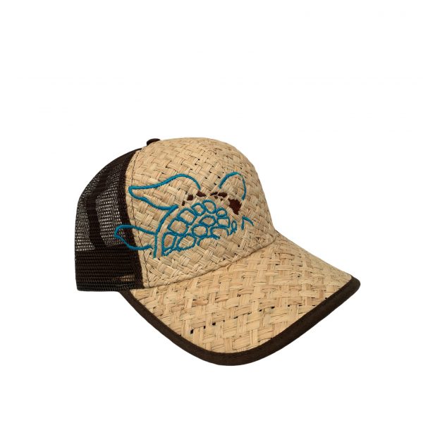 Blue Honu on Beige Straw Trucker Hat