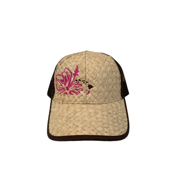 Pink Hibiscus on Beige Straw Trucker Hat