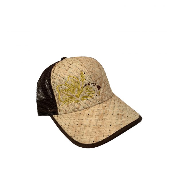Yellow Hibiscus on Beige Straw Trucker Hat