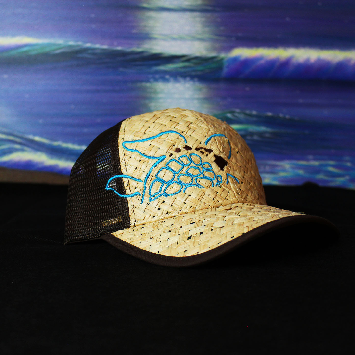 Blue Honu on Beige Straw Trucker Hat – Hawaiian Import Authentic Gifts