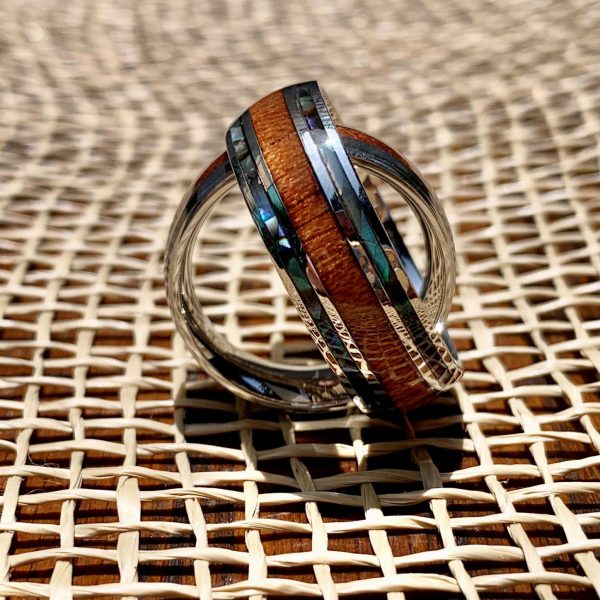 Koa Wood Ring – Double Abalone design – Comfort fit Stainless steel band