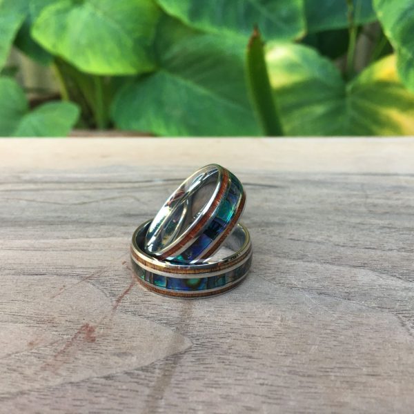 Koa Wood Ring – Thick Abalone design – Comfort fit Stainless steel band