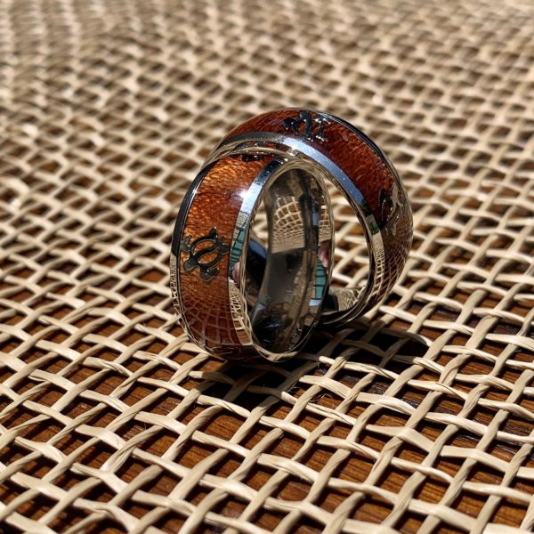 Koa Wood Ring – Honu desgin – Comfort fit stainless steel band