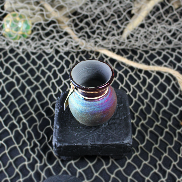 3″ Hawaiian Ceramic Raku Vase – Copper Blue and Burgandy tones