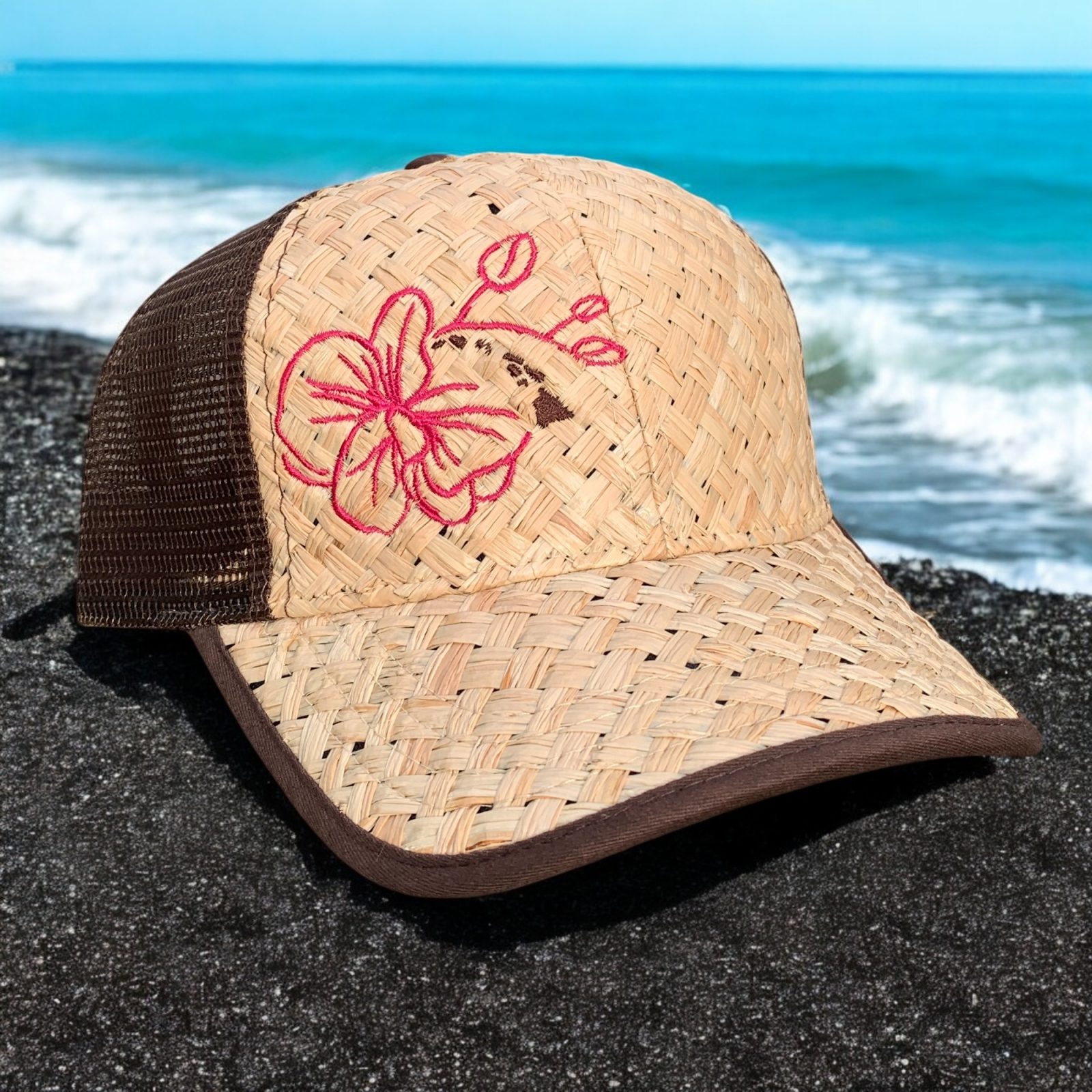 Lauhala hat with embroidered Pink Ohai Ali'i flower and Hawaiian Islands