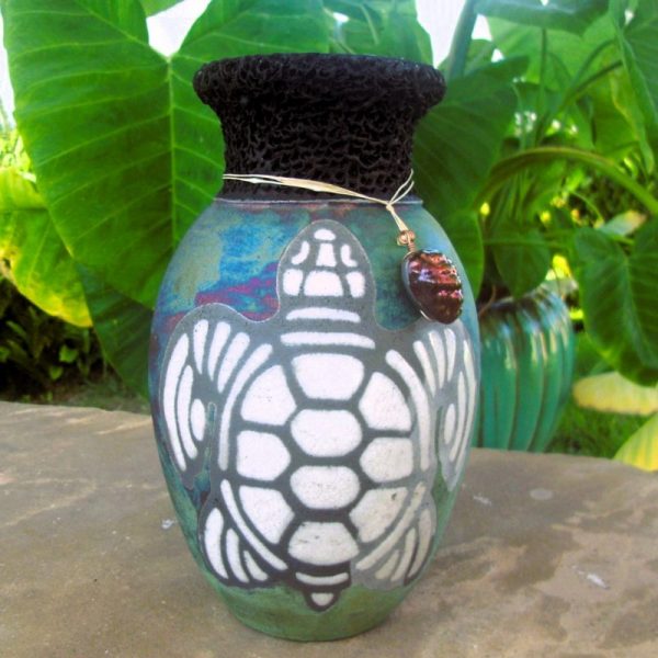 9″ Tall Lava Honu Vase | Ceramic Raku Vase w/ faux lava top