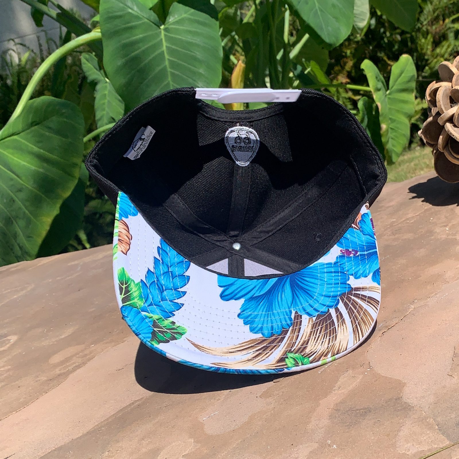 North Shore Wave embroidered on Black Hat with Blue and Tan on White floral bill from Hawaii - Image 2