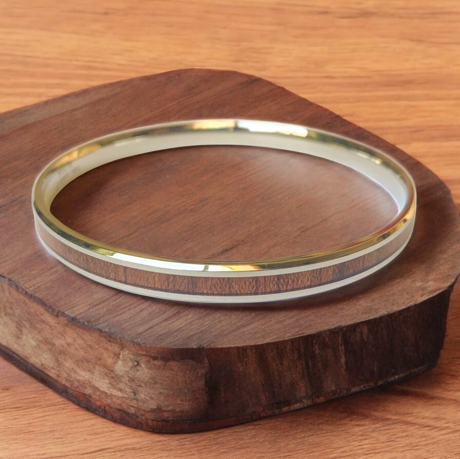 Hawaiian Koa wood and Stainless-Steel 6mm wide Bangle Bracelet from Hawaii in Size Small Medium and Large