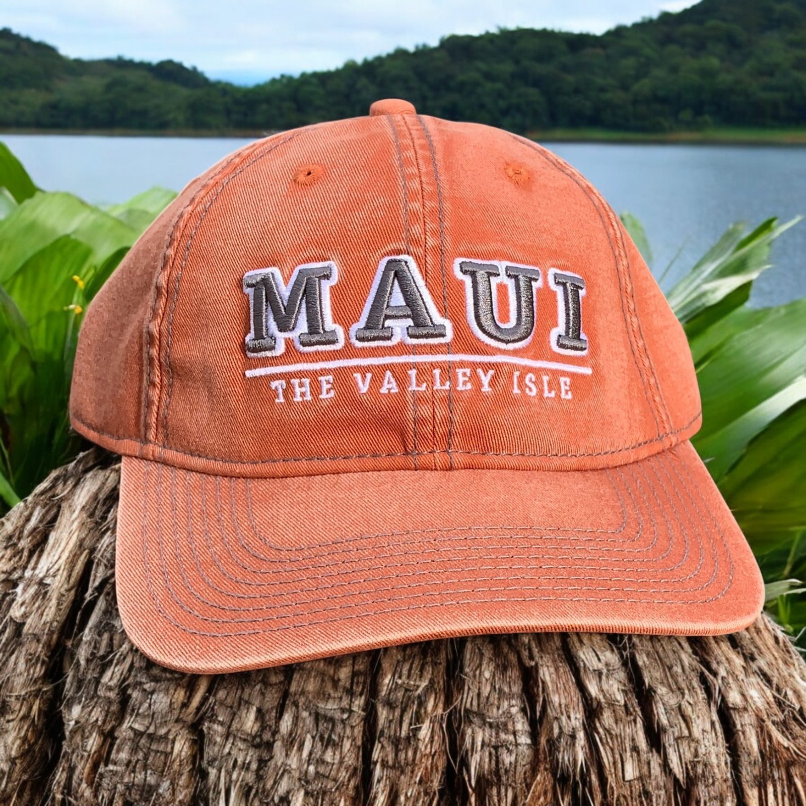 Orange soft twill fabric slide back hat 3D embroidered Maui The Valley Isle